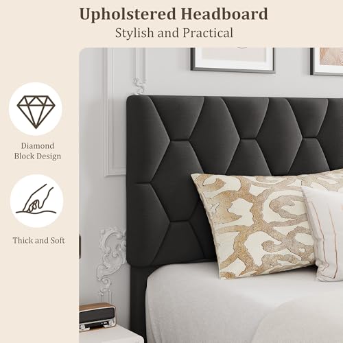 GAOMON Grey King Upholstered Bed Frame with Headboard, Heavy-Duty Platform Bed Frame with Strong Wood Slats, No Box Spring Needed/Easy Assembly/Noise Free | Heavy-Duty Bed Frame with Wooden Slats Support Upholstered Mattress Foundation No Box Spring Neede