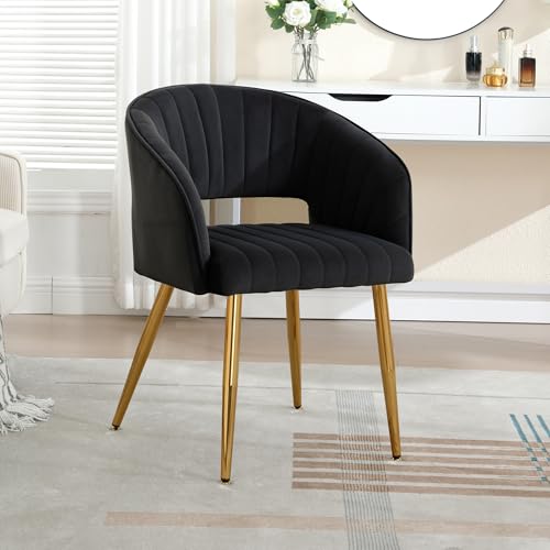 Velvet Home Office Desk Vanity Chair, No Wheels, Gold Legs, Black | Modern Accent Chair with Stylish Stripe Design, Spacious‌ Soft Seat for Girls & Women Bedroom Makeup or Nail Table - color: Black Velvet, No Wheels