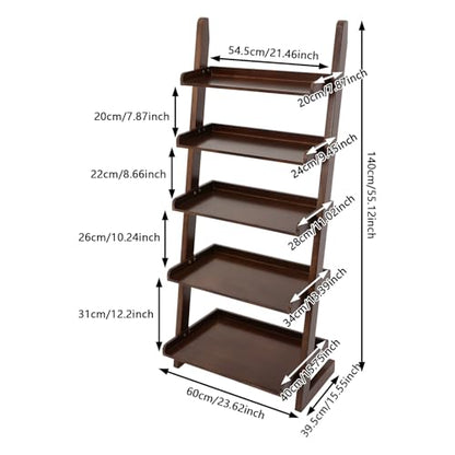5-Tier Ladder Shelf, Minimalism Wood Ladder Bookshelf L-Shaped Leaning Storage Bookshelf Freestanding Open Bookcase for Living Room Bedroom Offices (Walnut Brown)