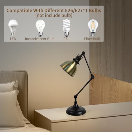 Desk Lamp for Home Office, Desk Light with Adjustable Multi-Joint Metal Swing Arms Table Lamp, Industrial Table Light for for Home Office, Work, Study, Reading, E26 Base (Antique Brass)