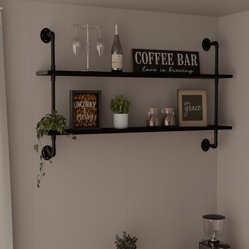 HDDFER Floating Bookshelf Shelves Industrial Pipe Shelving Pipe Shelf Rustic Black Wall Shelves 36 Inch Farmhouse for Wall Mounted - color: Black, size: 2Tier36in