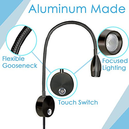 Adust Reading Lights for Books in Bed, Bedside Reading Lamp, RV Boat Reading, DC 5V-240V 3W LED Touch Dimmable Brightness Wall Mount Lamp, Adjustable Colour Temperature, 3000k, 4000k, 6000k(Black) - size: Black (1-Pack)