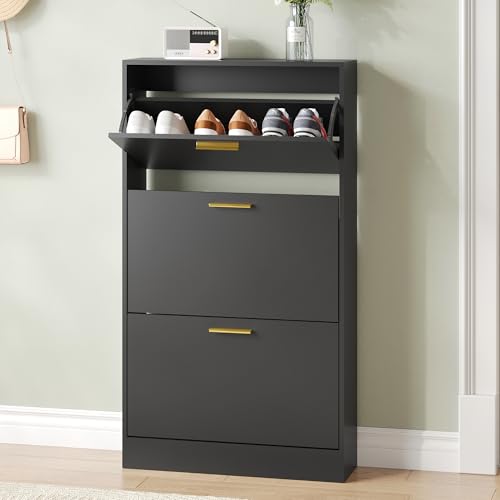Shoe Cabinet Storage with 3 Flip Drawers and Closed Base, Black丨Hidden Shoe Organizer, Freestanding Narrow Shoe Storage Rack for Entryway, Hallway, Entrance - color: 1pc-black, size: 3 Flip Drawers Without Shelf