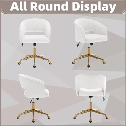 Desk Chair with Wheels, Gold Base, Velvet Accent Vanity Armchair, Off-White | Spacious‌ Soft Seat, Swivel Height Adjustable, Rocking Function, Modern Stripe for Girls &Women Bedroom Makeup or Nail - color: Off-white Cream Velvet