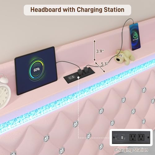 Queen Bed Frame with LED Lights & Charging Station, Upholstered Bed Frame Queen Size with Storage Headboard & 2 Drawers, Diamond Tufted, Curved Wingback, PU Leather, No Box Spring Needed, Pink - color: Pink, size: Queen