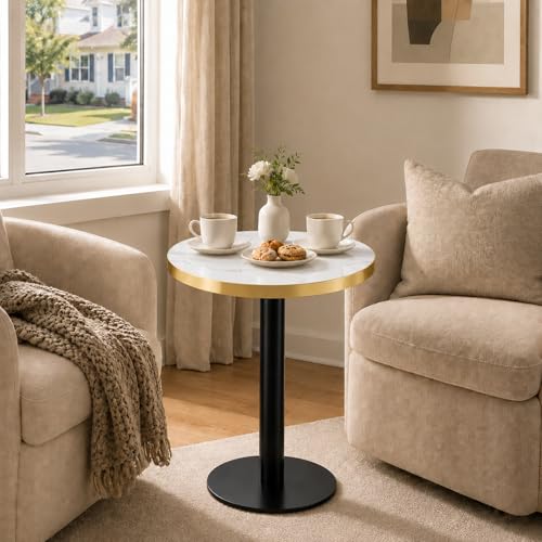 TesNus 23.6" Small Round Dining Table for 2, Circle Tulip Table, Faux Marble Top with Black Metal Pedestal Base, Modern Leisure Coffee Table for Small Spaces, Cafe, Office, White&Black - color: White Top&black Base