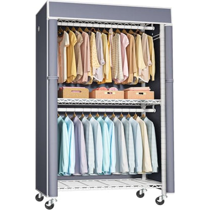 White Clothing Rack with Grey Cover, P1C Rolling Closets | Metal Garment Rack for Hanging Clothes, Clothing Storage Wardrobe, with Wheels - color: White Rack With Grey Cover