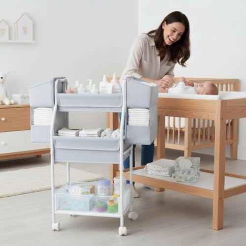 Rolling Utility Cart with Side Storage, 3-Tier Diaper Cart & Baby Caddy Organizer for Nursery Essentials, Bedside/Postpartum Nursing Cart, Craft & Art Storage Organizer, Rolling Book Cart - size: WITH_SIDE_STORAGE