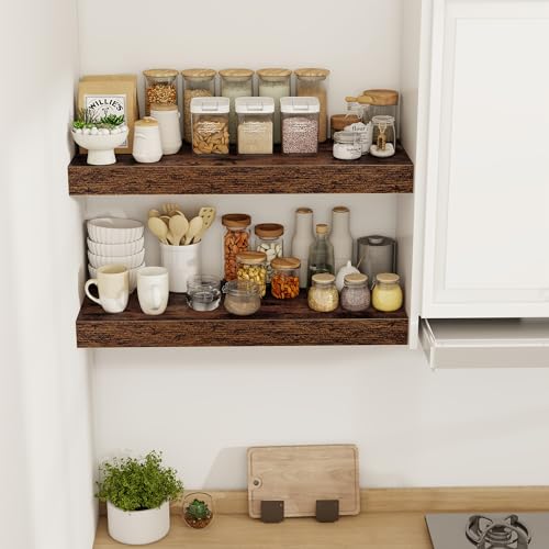 Acovy 30 Inch Floating Shelves, 12" Deep Floating Shelf Wall Mounted, 30" Wall Shelves, Rustic Deep Bookshelf, Extra Deeper & Thicker Display Shelves for Bedroom, Living Room, Brown, Set of 2 - color: Brown, size: 12"Wx30"L-2pcs