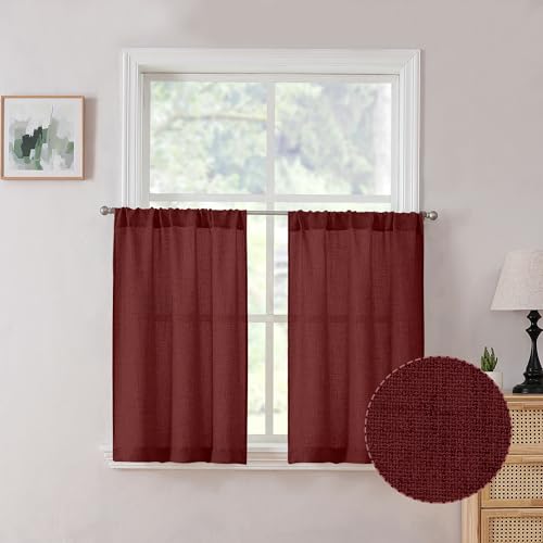 Tollpiz Short Linen Tier Curtains Rod Pocket Semi Sheer Half Kitchen Curtain Burlap Light Filtering Thick Linen Drapes for Bathroom, 30 x 24 inches Long, Burgundy Red, Set of 2 Panels - color: Burgundy Red, size: 30"W x 24"L (Pack of 2)