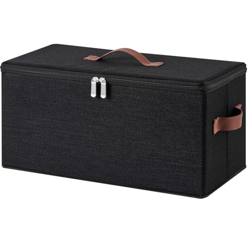 Storage Bins DVD Boxes CD Case Holder Basket with Zippered Lids | Cotton Linen Fabric Container, Decorative Foldable Stackable Washable Shelf Closet Organizer, PU Leather Handles, Black-Large - size: Large ( Pack of 1 )