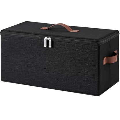 Storage Bins DVD Boxes CD Case Holder Basket with Zippered Lids | Cotton Linen Fabric Container, Decorative Foldable Stackable Washable Shelf Closet Organizer, PU Leather Handles, Black-Large - size: Large ( Pack of 1 )
