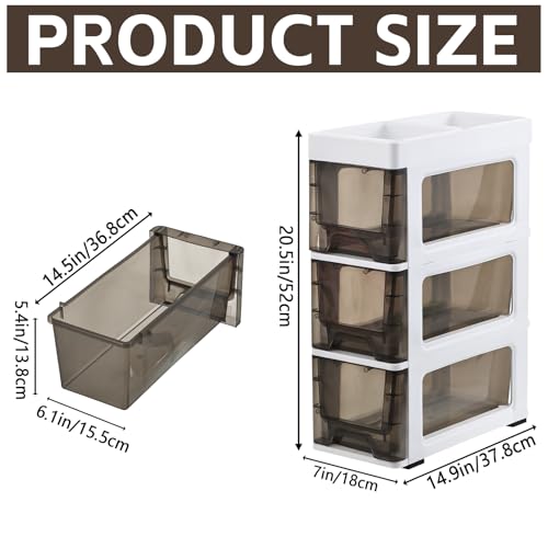 3 Drawer Storage Organizer, Narrow Slim Plastic Storage Drawer Cart with 4 Wheels, 3 Tier Space Saving Storage Tower Box, Narrow Storage Cart for Small Space Bedroom Bathroom Kitchen Pantry Office