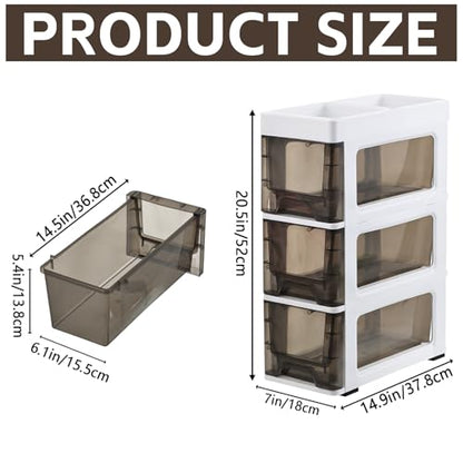 3 Drawer Storage Organizer, Narrow Slim Plastic Storage Drawer Cart with 4 Wheels, 3 Tier Space Saving Storage Tower Box, Narrow Storage Cart for Small Space Bedroom Bathroom Kitchen Pantry Office