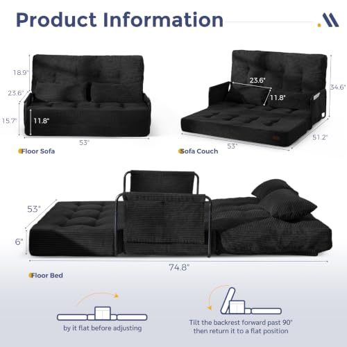 MAXYOYO Adjustable Folding Sofa Bed Couch with 2 Pillows, Black | Multi-Functional Bean Bag Bed, 5-Position Foldable Lazy Floor Sofa Bed with Armrest, Versatile Floor Seating for Reading - color: Black