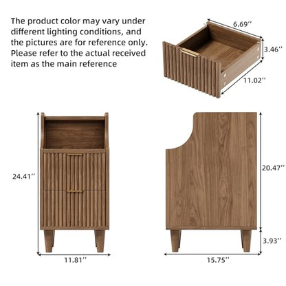 11.8" Narrow Fluted Nightstand Set of 2,Slim Side End Table with 2 Drawers,Mid-Century Modern Bedside Table,Skinny Night Stand for Bedroom, Small Space - color: Walnut