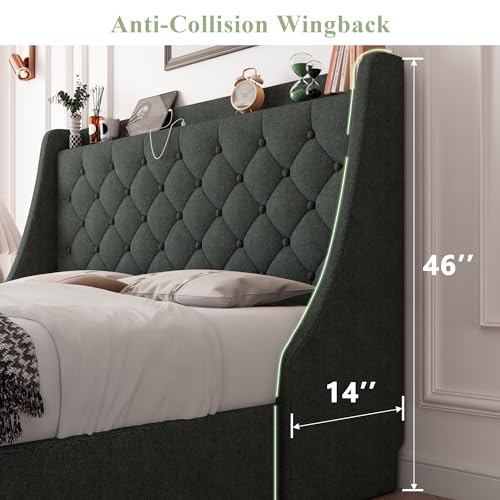 Feonase Upholstered Full Size Bed Frame with 4 Storage Drawers, Charging Station, Tufted Wingback Storage Headboard, No Box Spring Needed, Easy Assembly, Dark Grey - color: Dark Grey, size: Full