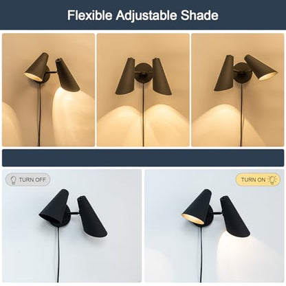 2-Light Plug in Wall Sconce, Matte Black Modern Vanity Light Wall Lamp with Rotatable Lampshade Picture Light for Bedroom Living Room Bathroom Foyer - color: B-Black