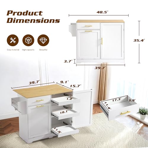 48" Kitchen Island with Trash Can Storage & Drop Leaf on Wheels | Rolling Kitchen Island Table Cart Cabinet with Drawer, Mobile Kitchen Cabinet on Wheels w/Spice Rack, Towel Bar, Hooks - color: White, size: 48"