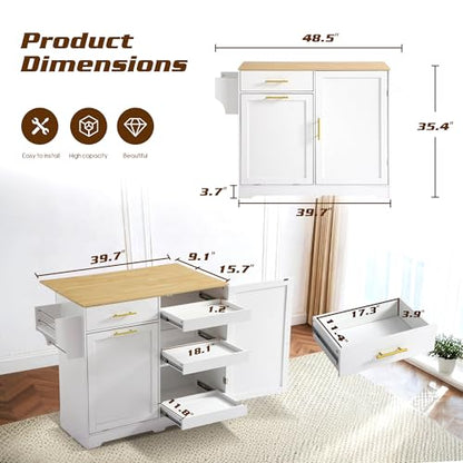 48" Kitchen Island with Trash Can Storage & Drop Leaf on Wheels | Rolling Kitchen Island Table Cart Cabinet with Drawer, Mobile Kitchen Cabinet on Wheels w/Spice Rack, Towel Bar, Hooks - color: White, size: 48"