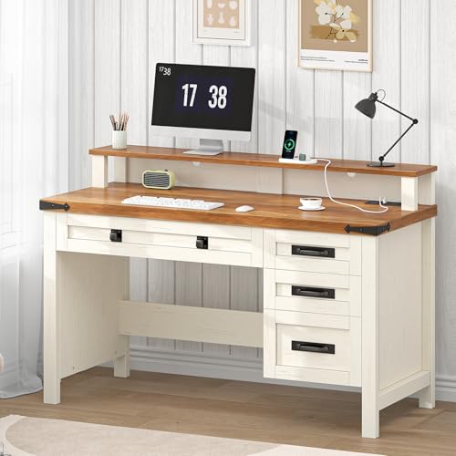 47" Farmhouse Computer Desk with 4 Drawers for Home Office, Bedroom | Executive Desk with Power Outlets, Home Office Desk with Monitor Stand, Small Desk Writing Study Table, Antique White - color: Brown and White