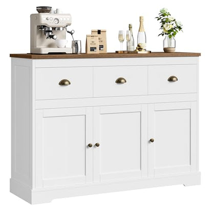 White Buffet Cabinet Storage Kitchen Sideboard Farmhouse Buffet Server Bar Wine Cabinet with 3 Drawers & 3 Doors Adjustable Shelves Console Table for Dining Living Room Cupboard - size: 15.6"D x 47.2"W x 36"H