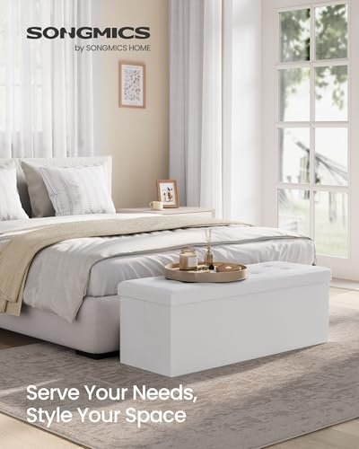 SONGMICS MAZIE Collection - 43 Inches Folding Storage Ottoman Bench, Ottoman with Storage, Foot Rest Stool, Load 660 lb, for Living Room, Synthetic Leather, White ULSF702 - color: White, size: 15"D x 43"W x 15"H