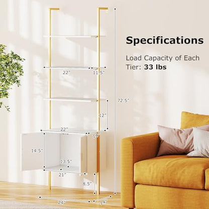 Giantex 5-Tier Wall-Mounted Ladder Shelf, 72.5" Tall Bookshelf w/ 2-Door Cabinet, Modern Style Kitchen Open Shelving Organizer, Heavy-Duty Metal Frame Display Rack for Living Room,White & Gold - color: White & Gold