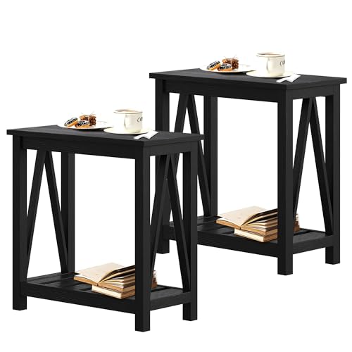 ChooChoo Farmhouse End Table Set of 2, Narrow Side Table | with Shelf ,Slim Bedside Table ,Small Spaces, Rustic Nightstand, Living Room, Bedroom,Vintage Black - color: Vintage Black, size: 2 Pack