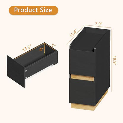 Narrow Night Stands, Modern Slim Nightstand Set of 2, Wooden Skinny Bedside Table 2 Drawers, Stackable Narrow Side Table with Drawers for Small Spaces, Bedroom, Living Room, Black - color: Black (2pcs)