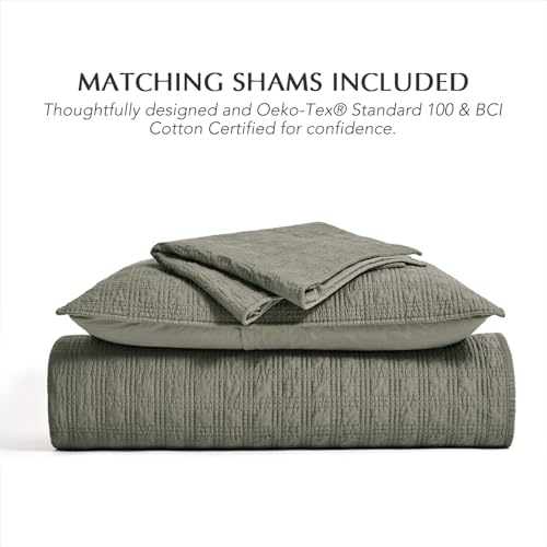 EVERGRACEHOME Cotton Sateen Windowpane Quilt Set Queen Size, Stone Sage | 100% Cotton, Pre-Washed Soft Coverlet Bedspread, 3-Piece Lightweight Bedding Set for All Season, with 2 Pillow Shams - color: Stone Sage (Grayish Green) - Windowpane, size: Full/Que