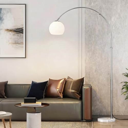Modern White Arc Floor Lamp for Living Room,77 in Tall | Milk Glass Lampshade,Marble Base,Soft Diffused Glow,Extendable Chrome Arm,Ideal for Couch and Bedroom,Adjustable Height - color: White-Glass