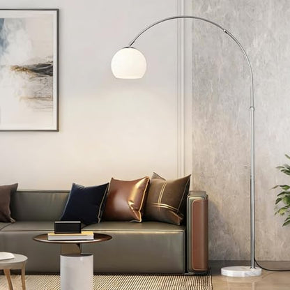Modern White Arc Floor Lamp for Living Room,77 in Tall | Milk Glass Lampshade,Marble Base,Soft Diffused Glow,Extendable Chrome Arm,Ideal for Couch and Bedroom,Adjustable Height - color: White-Glass