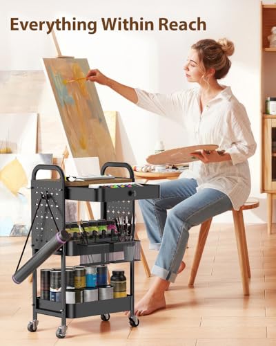 ALVOROG 3 Tier Metal Rolling Cart with Drawer,Wood Top,Pegboards,Black | Storage Utility Cart with Drawers,Pegboards,Lockable Wheels,Baskets,Hooks for Kitchen,Office,Bedroom,DIY Supplies - color: Black