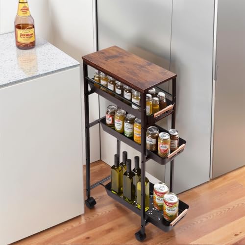 5 Tier Narrow Slim Rolling Cart Wood Top Storage Cart Black | 5 tier narrow rolling cart slides into 8 inch gaps, while solid wood top provides durable storage over plastic surfaces - color: Black