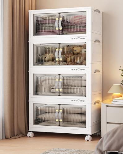 BROVIEW 180Qt Stackable Storage Bins with Lid for Home Dorm, 4Pack White | Closet Organizers, Foldable & Collapsible Cabinets, Large Containers, Wheels & Magnetic Doors, Plastic Drawers for School - color: White, size: 45QT-4Pack