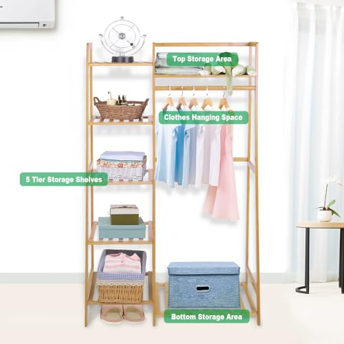 Ufine Bamboo Garment Rack with 7-Tier Storage Shelves & Hanging Rod | Portable Clothes Hanging Rack Minimalism Wardrobe Closet Organizer for Living Room - size: 7 Tier
