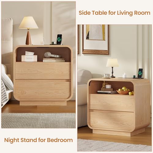 HAUOMS 23.6" Wide Wood Bedside Table, Curved Profile Design, Natural Oak | Charging Station, 2 Storage Drawers, 25" Tall Nightstand, Large Mid Century End Table, Bedroom/Living Room, Easy Assembly - color: Natural Oak