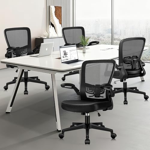 Desk Chairs with Wheels, Ergonomic Mesh Office Chair Adjustable Height and Swivel Lumbar Support Home Office Chair with Flip Up Armrests, Set of 4 - color: Black, size: 4PK