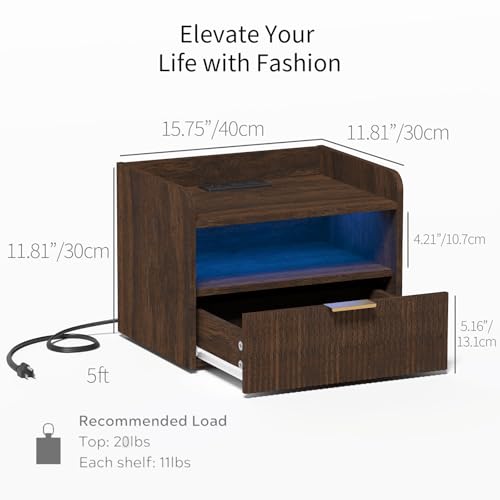 Veegle Floating Nightstand with Charging Station and LED Lights (Walnut Brown) - color: Walnut Brown