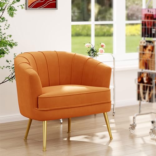 Velvet Accent Chair, Barrel Armchair, Caramel Orange | Velvet Upholstery, Golden Metal Legs, Comfy Barrel Back, Modern Style, Living Room Bedroom Office - color: Orange, size: 1 Chair