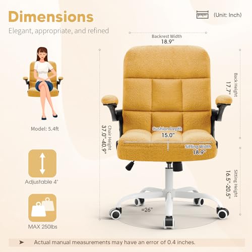 Office Chair with Wheels, Ergonomic Home Office Desk Chair with Flip-up Armrest, Adjustable Rolling Computer Chair Teddy Fleece – Gold - color: Gold