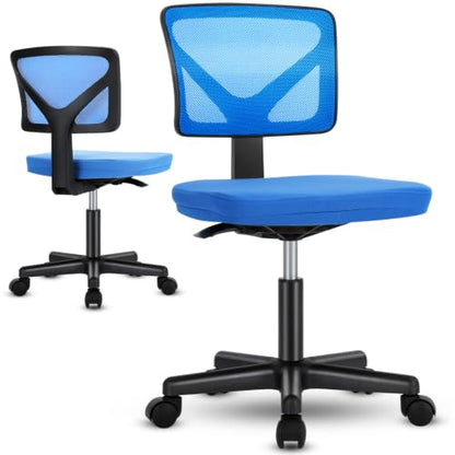 Sweetcrispy Small Armless Desk Chair, Mesh Rolling Office Chairs | Adjustable Ergonomic Lumbar Support, Low-Back, Swivel Wheels, Home Work, Bedroom, Study, Student, Adults, Blue - color: Blue