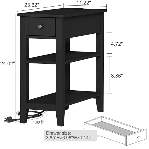 ChooChoo Narrow End Table with Charging Station and Hidden Drawer | Side Table Living Room, USB Ports, Hidden Drawer, 3-Tier Skinny Nightstand, 2 Open Storage Shelves, Small Place, Black - color: Black