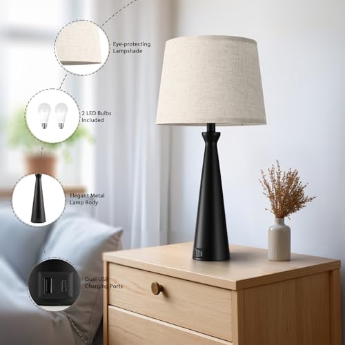 Modern Touch Lamps for Nightstand, 3 Way Dimmable Bedroom Lamp Set of 2 | USB C+A Charging Ports, Black Bedside Lamps for Bedroom, Living Room, End Table, Bed Side, LED Bulb Included - color: E. Black Base-Beige Shade