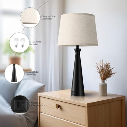 Modern Touch Lamps for Nightstand, 3 Way Dimmable Bedroom Lamp Set of 2 | USB C+A Charging Ports, Black Bedside Lamps for Bedroom, Living Room, End Table, Bed Side, LED Bulb Included - color: E. Black Base-Beige Shade