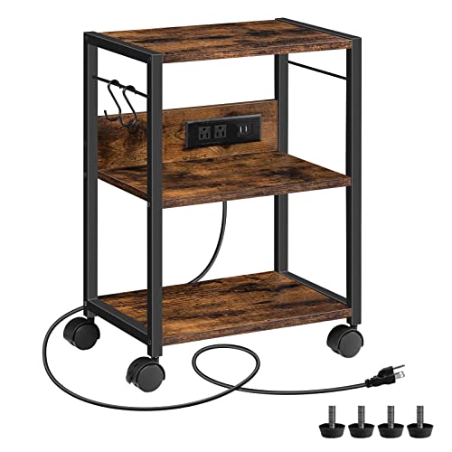 MAHANCRIS Industrial Printer Cart, 3-Tier Mobile Printer Stand, Rolling Cart with Power Outlets and USB Ports, Home Printer Stand with 2 Hooks, for Office, Living Room, Rustic Brown PTHR40E01Z - color: Rustic Brown