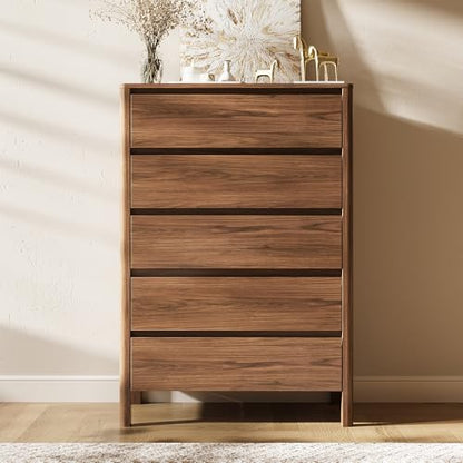 MAISONARIA Walnut 3-Piece Dresser Bedroom Set, 5 Drawers Dresser & 3 Drawer Nightstands with Hidden Handles, Wood Chest of Drawers for Bedroom, Living Room, Entryway - color: Walnut, size: 5+3