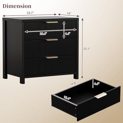 Fluted Nightstand, 23.7'' Wide Night Stand with 3 Drawers, Mid-Century Modern Bedside Table with Handles, Wood End Table for Bedroom, Black - color: Black