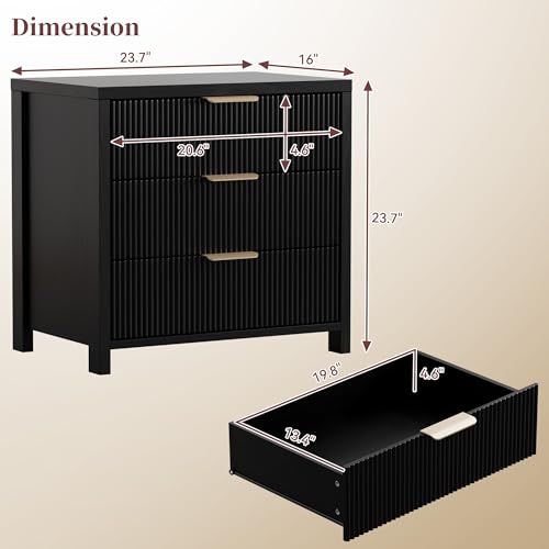 Fluted Nightstand, 23.7'' Wide Night Stand with 3 Drawers, Mid-Century Modern Bedside Table with Handles, Wood End Table for Bedroom, Black - color: Black